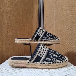 Dior Women's Navy Blue and Cream Espadrille Slip One Flats Size 37
